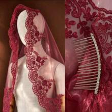 A Burgundy Lace Wedding Veil With A Comb, Vintage And Elegant, Face-Covering, Wedding Accessory, Suitable For Middle Eastern Weddings And Halloween - Multicolor - View 4