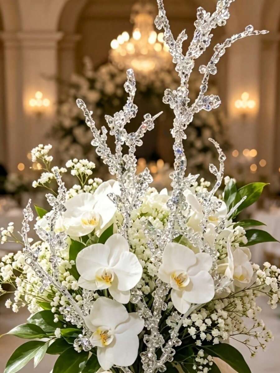 20/10pcs Artificial Glitter Crystal Silver Branches, Maintenance-Free, Perfect For Home Decor, Floral Supplies, DIY, Wedding Arrangements And Christmas Holiday Decorations