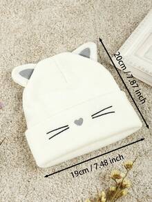 1PC Women's Casual White Cat-Shaped Heart Pattern Ear Knitted Hat, Cute Style, Suitable For Party And Daily Wear - White - View 5