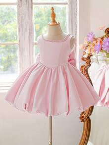 女童人造珍珠緞面蝴蝶結奢華公主花童禮服，適合派對，不含髮箍 - 藕粉色 - 查看 3