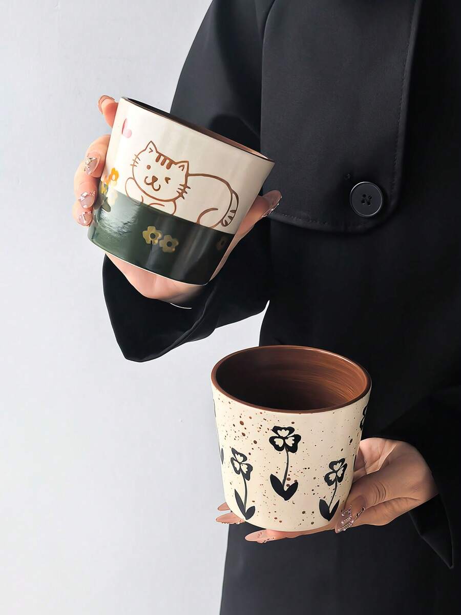 1 buah Mug Keramik Vintage Lukisan Tangan dengan Warna Kontras, Kucing & Hati Lucu / Cangkir Kopi Bunga Hitam, Cangkir Minum Rumahan