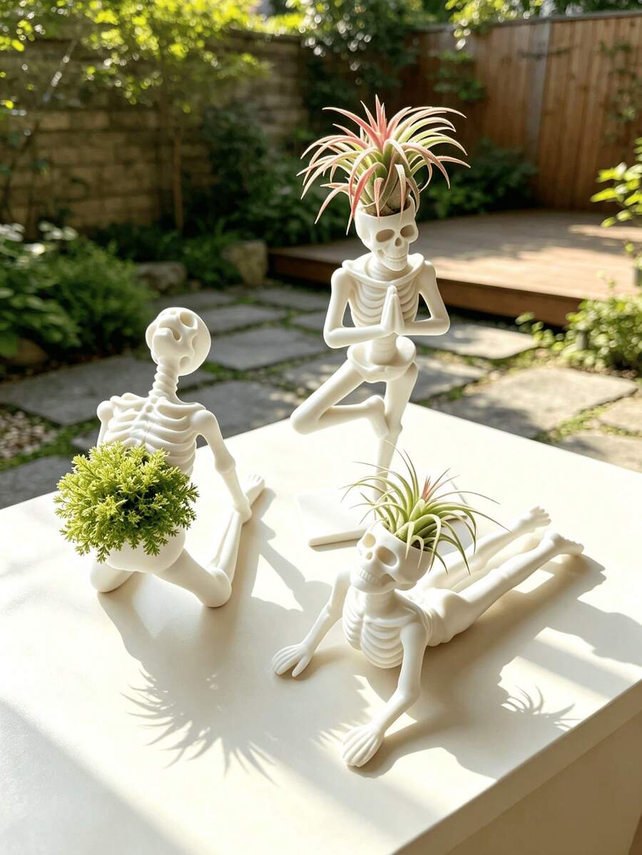 1/3pcs Vintage Funny Skeleton Figurine Succulent Planter, Halloween Multiple Yoga Pose Bone Sculpture Flower Pot, Niche Art Desktop Decor, Suitable For Air Plant Micro Landscape Decoration Container