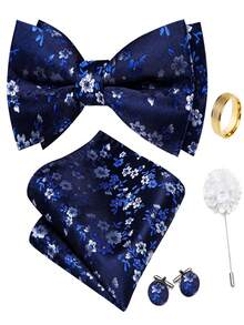 5Pcs Men Royal Blue Small Floral Jacquard Bow Tie Pocket Square Cufflinks Ring Boutonniere Set, Cufflinks Pattern Random For Wedding - Royal Blue - View 1