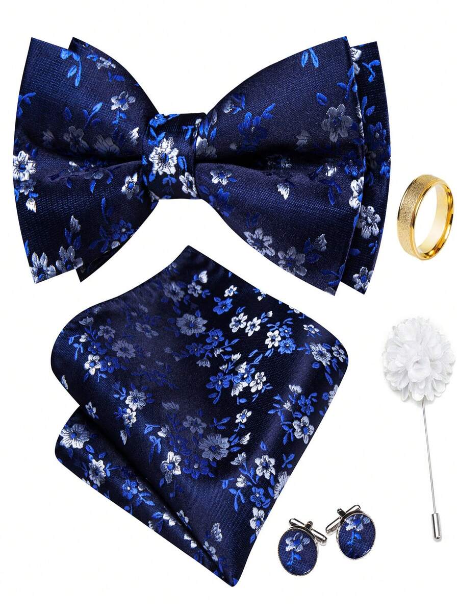 5Pcs Men Royal Blue Small Floral Jacquard Bow Tie Pocket Square Cufflinks Ring Boutonniere Set, Cufflinks Pattern Random For Wedding - Royal Blue - View 1