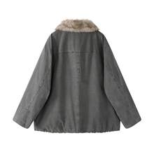 Faux Fur Washed Collar Workwear Parka Coat Warm Loose Down Jacket Button Up Top College Office Daily Winter - Grey - View 2