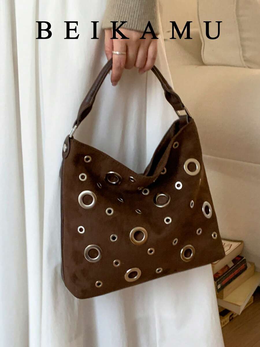 Fashion Metal Eyelet Decor Handbag, Adjustable Strap Versatile Crossbody Bag Shoulder Bag, Suitable For University, Commuting, Shopping, Street Strolling, Daily Use. - Coffee - View 1