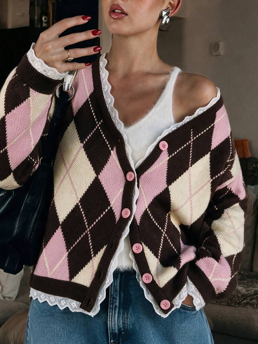 Fall/Winter Argyle Pattern Lace Patchwork Cardigan Going Out Business Fashion Knit Sweater Top - Pink - View 1