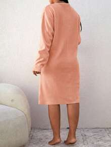 100%Cotton Plus Letter Embroidery Half Button Nightdress - Rust Brown - View 2