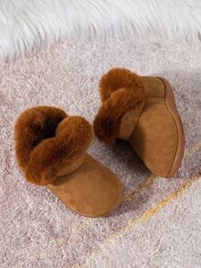 1 Pair Infant Shoes, Autumn/Winter Warm Thick Boots, Suitable For Indoor Non-Slip Walking, Soft Flat Bottom Infant Shoes - Khaki - View 5