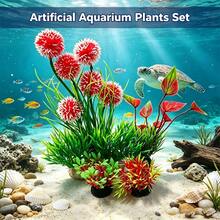 人造水族植物裝飾套組，塑膠仿真水草魚缸造景，水族造景人造水草，觀賞魚造景套組 - A - 查看 1