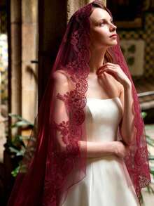 A Burgundy Lace Wedding Veil With A Comb, Vintage And Elegant, Face-Covering, Wedding Accessory, Suitable For Middle Eastern Weddings And Halloween - Multicolor - View 10