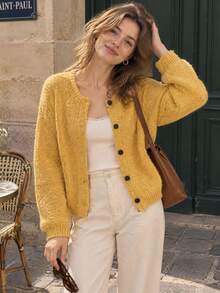 JIANHU Women's Casual Mustard Yellow Round Neck Fuzzy Knit Cardigan Sweater, Long Sleeve Loose Fit Front Button Top, Soft And Comfortable For Autumn/Winter Vacation Wear - Yellow - View 1