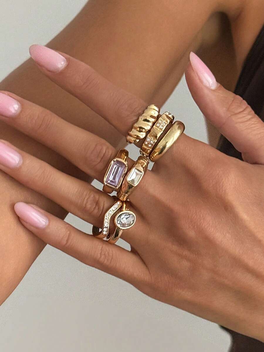 Gold Rhinestone Multi-Piece Stackable Rings, Vintage Rectangular Crystal Mixed Style Women's Exaggerated Knuckle Rings, Daily Party Jewelry - Multicolor - View 1