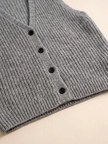 Rompi Sweater Wanita Abu-abu Gaya Preppy Musim Gugur/Musim Dingin, Atasan Rajut Bergaris Kasual Leher V dengan Kancing Depan untuk Kampus, Pakaian Sehari-hari & Acara Akhir Pekan - Grey - View 10