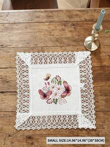 1pc 100% Polyester Butterfly Floral Embroidered Table Runner, White Lace Trim Table Runner With Tassel, European Style Dining Table Decor For Home Wedding Party - White - View 10