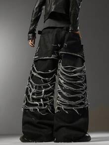 Men's Korean Street‑Style Jeans, Multi‑Ripped Design, Loose Non‑Stretch Wide‑Leg Casual All‑Season Pants (Belt & Accessories Not Included) - Black - View 5