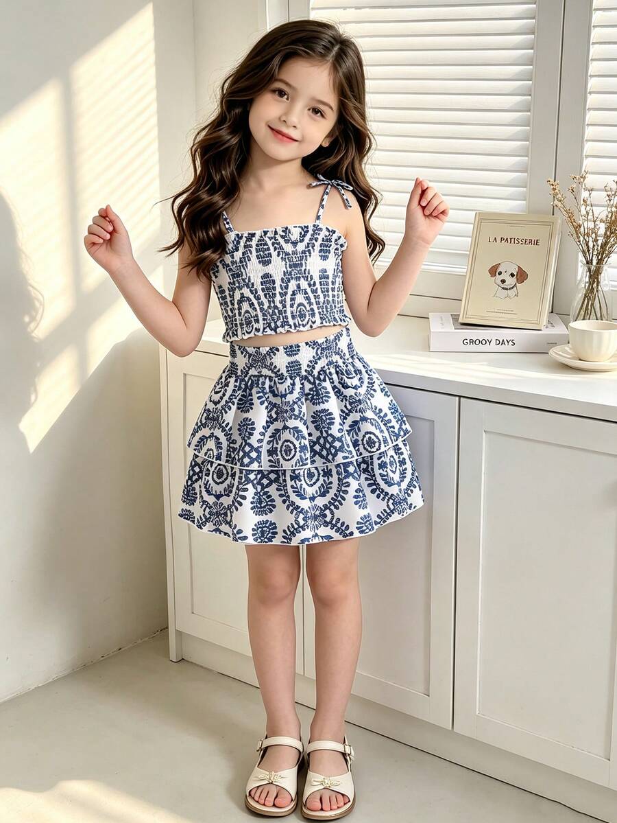 Left Mama Girls Vintage Floral Print Camisole Top And Skirt Set, Suitable For Summer Vacation And Travel - Blue - View 1
