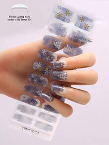 Autumn/Winter Christmas Semi-Cured Gel Nail Stickers, Blue-Grey Gradient Snowflake & Christmas Tree Pattern Press-On Nails, 20pcs Set With Nail Lamp, Nail File & Tool Kit - Multicolor - View 3
