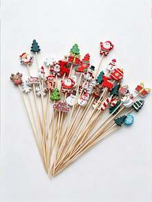 50pcs Assorted Christmas Cocktail Picks, Cocktail Decoration Sticks, Drink Garnishes, Bar Decor, Appetizer Toothpicks, Bamboo Fruit Skewers, Suitable For Charcuterie Boards & Cupcakes, Christmas Theme Party Decorations (Random Mix) - Multicolor - View 6