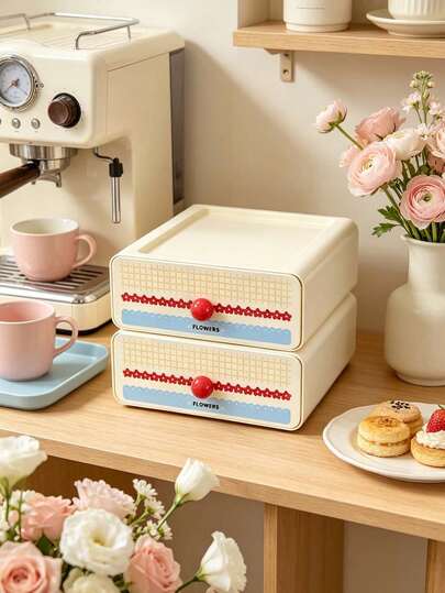 1pcSquare Drawer Storage Box, Floral Lace Print With Red Round Knob, Stackable Desktop Organizer For Stationery, Cosmetics, Small Sundries, Tabletop Storage Cabinet, Suitable For Bedroom, Study, Kitchen, All Season Home Daily Use
