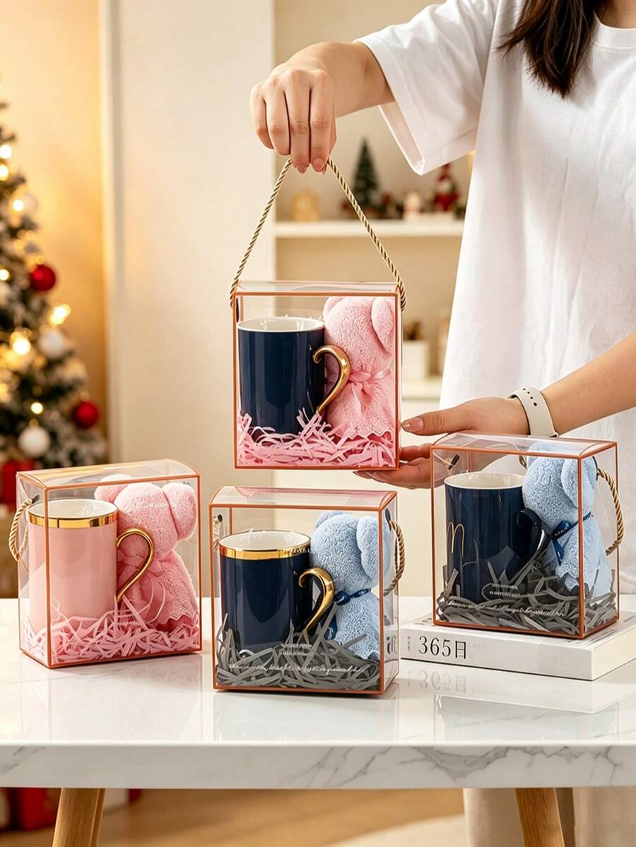 Transparent PVC Gift Box With Rope Handle, Includes Raffia Grass, Portable Gift Carrier; Suitable For Wedding Bridesmaid Gifts, Birthday Holiday Packaging; Visual Gift Box For Baby Shower, Valentine's Day, Easter And Party Souvenir Packaging - Transparent - View 1