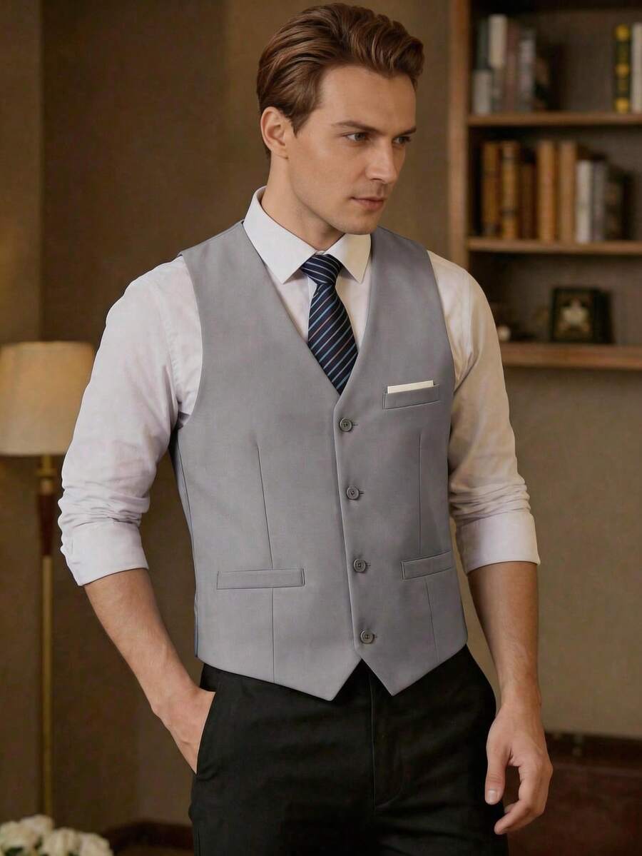 Men's Solid Color Formal Suit Vest, Large Pocket Design, Business Wedding Party Suit Set, Can Be Paired With Men's Suit