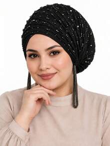 CONFLASS Hijab Berlipit dengan Hiasan Manik-Manik Rhinestone Berkilau, Desain Tali Serut dan Rumbai yang Dapat Diatur, Aksesori Harian Elegan untuk Wanita - MultiWarna - View 6