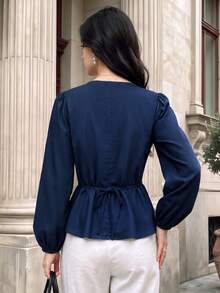 Fall Women Lace Trim V‑Neck Peplum Blouse, Puff Long Sleeve Button Front Tie‑Back Fitted Top - Navy Blue - View 2