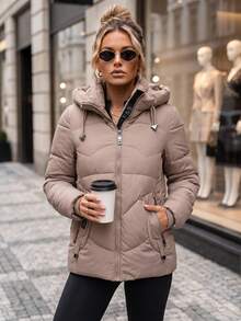 Women's Quilted Hooded Jacket With Zip Pockets, Ribbed Cuffs And Regular Fit - Khaki - View 3