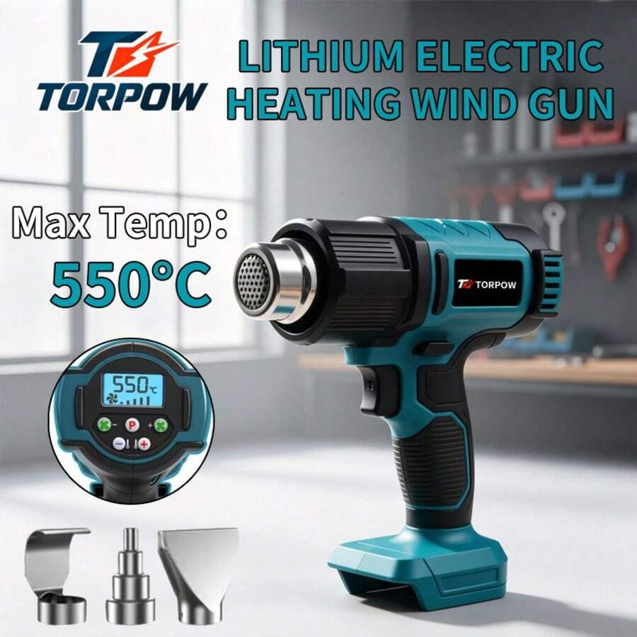 Pistol Panas Nirkabel Tanpa Kabel TORPOW, Kontrol Suhu Digital LCD Maksimal 550℃, Bertenaga Baterai Lithium, Beberapa Nozzle untuk Mencairkan Lem pada Film Stiker Mobil dan Tabung Penyusut Panas. - Biru - View 1