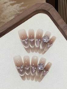 10PCS Long Stiletto Handmade Press‑On Nails, Fall ‑Winter Press‑On Nails,Ice Transparent Gradient Smile French Cat Eye, Brown Base Nails,Suitable For Girls And Women Festivals Parties And Daily Wear - Rust Brown - View 3