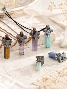 1pc Men's Natural Stone Sheep Head Necklace Reiki Rectangle Pendant Healing Fluorite Amethyst Tiger Eye Obsidian Crystal Necklaces H956 - Necklace - View 5