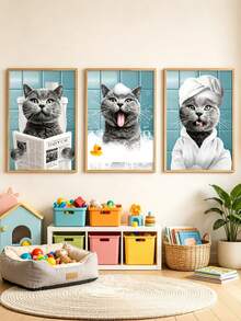 1 Set Of 3 Customized Cat Photo Portraits, Personalized Fun Cat Newspaper Art, Pet Portrait Wall Decor, Cat Reading Newspaper Print, Bathroom Decor, Fun Pet Gift For Cat Lovers - Multicolor - View 4