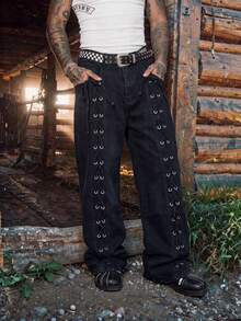 Men's Black Loose Wide‑Leg Jeans, Side Eyelet Lace‑Up Design Denim Gothic Y2K Streetwear Pants - Black - View 2