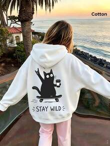 2026 Autumn/Winter Girls' Custom Loose White Hoodie, Black Cat Skateboard Graphic With Letter Print, Fun Cartoon Style - White - View 11