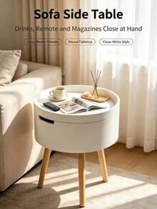 NEW Lightweight Compact White Round Bedside Table For Storage With Flap And Hidden Space, Side Table By The Bed On Stable Tripod Legs Made Of Natural Wood, - White - View 2