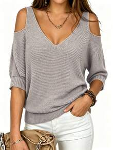 V-Neck Solid Color Cold Shoulder Women's Casual Daily Pullover Sweater - Light Grey - View 3