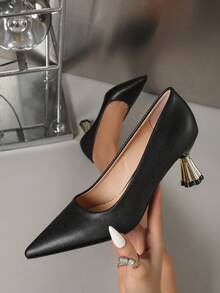 Women's Soft Leather Pointed Toe Low-Cut High Heel Shoes With Metal Trumpet Heel, Slip-On Fashion Loafers For Commute, Work, Daily Wear, Wedding, Party, All Seasons - Black - View 1