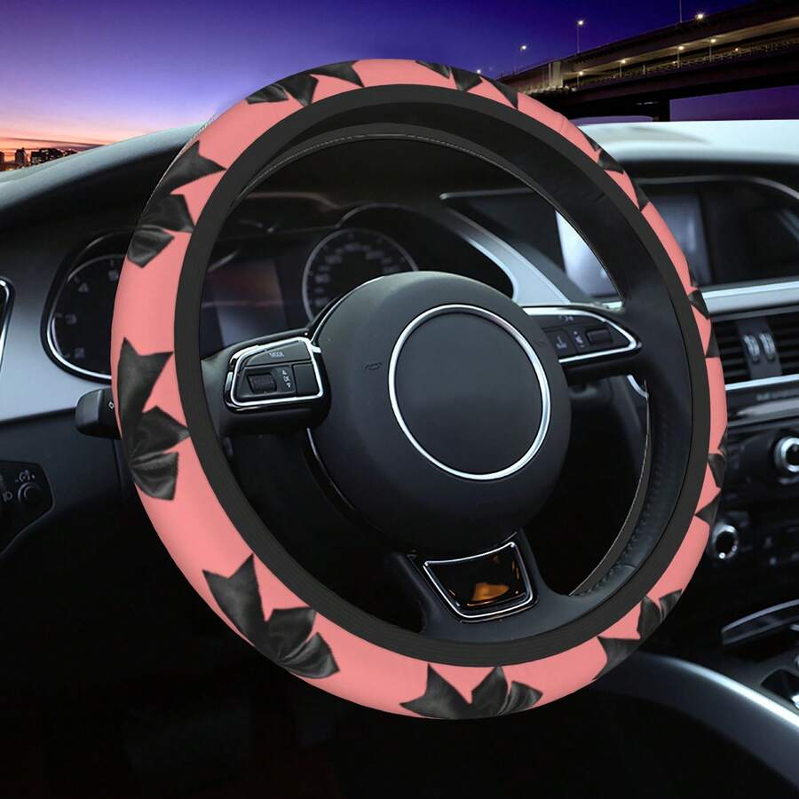 1pc Car Steering Wheel Cover, Lively Pink & Elegant Black Bow Pattern, Unique Design, Printed Craft, Polyester Fiber Material, Waterproof, No Inner Ring, Automotive Interior Steering Wheel Protector, All Season Use - Steering Wheel Cover - View 1