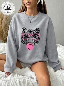 Sweat-shirt à manches longues pour femmes, imprimé tigre avec lunettes roses et chewing-gum, Top décontracté - Gris pâle - Voir 5