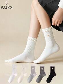 5 Pairs Bubble Lace Bear Socks Women's Mid-Calf Socks Autumn/Winter Slouch Socks - Multicolor - View 7