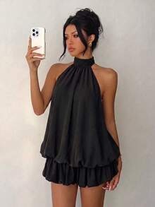 Mono Corto Elegante de Cuello Halter para Mujer, Color Negro Sólido Sin Mangas Estilo Casual Verano - Negro - Ver 4