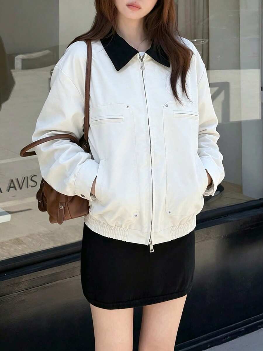 Women's American Vintage Colorblock Lapel Workwear Jacket - White - View 1