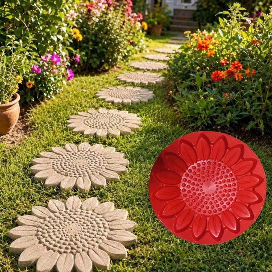 Reusable Sunflower & Snowflake Silicone Round Stepping Stone Mold - Garden Pathway & Lawn Decorative Stone Art Tool. Concrete Cement Mold For Casting Garden And Sidewalk Plastic Concrete Molds. - A - View 1