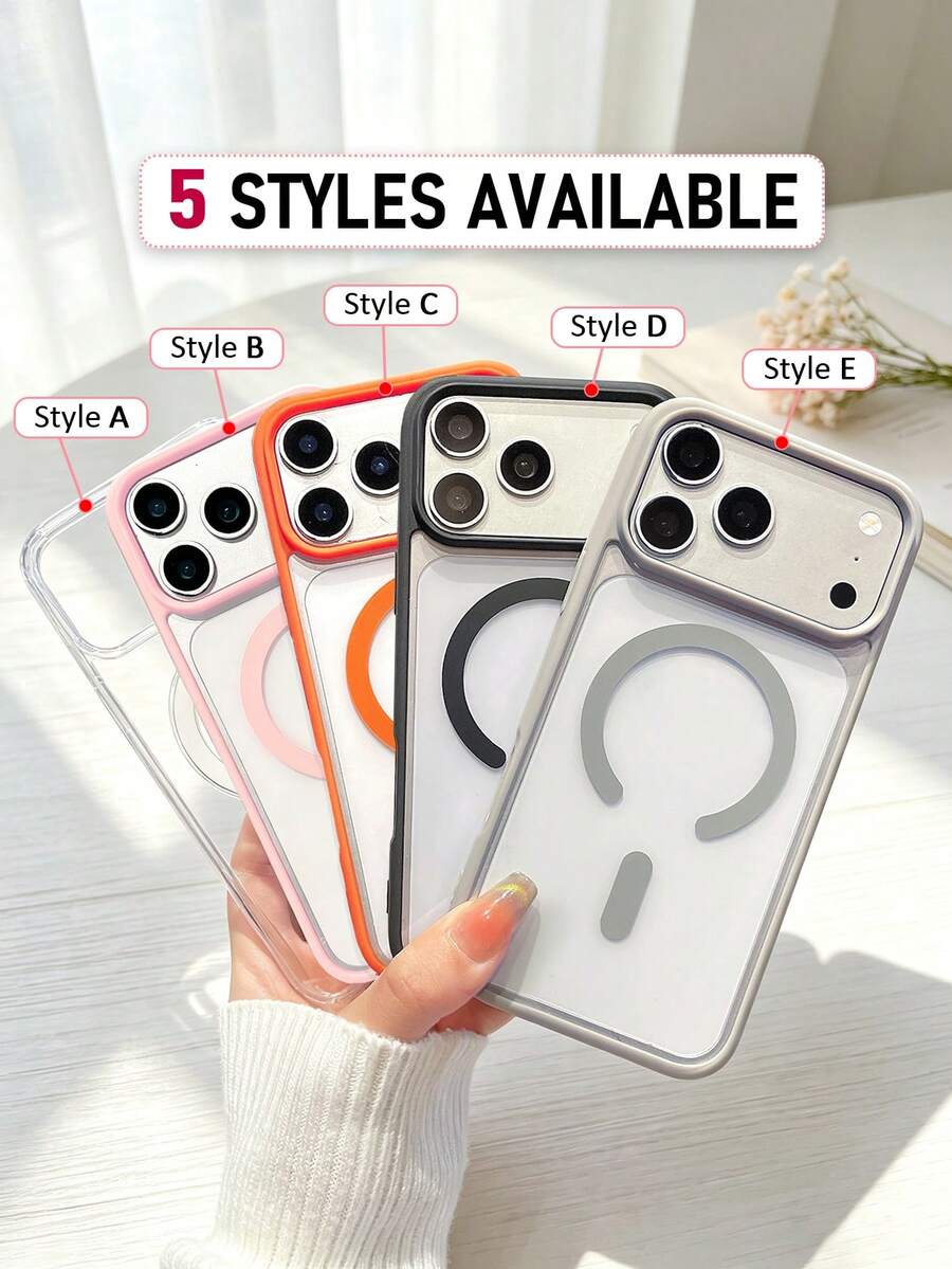 1pc 5-Style Optional Contrast Border Magnetic Large Window Transparent Phone Case, Ins Minimalist Phone Case, Built-In Magnetic Ring Supports Wireless Charging; Covers, A Style Transparent Border / B Style Light Pink Border / C Style Vibrant Orange Border / D Style Classic Black Border / E Style Light Gray Border, Raised Lens Full Coverage Anti-Drop Soft Shell, Minimalist Versatile Fashion Phone Case, Suitable For Personal Use, Birthday Gift Choice; Compatible With IPhone Case - Multicolor - View 1