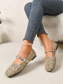 Tweed Woven Strap Mary Jane Square Toe Flat Low Vamp Ballet Shoes Early Spring Commute Skirt Matching - Gold - View 5