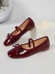 Women Retro Square Toe Bow Mary Jane Ballet Flats, Patent PU Single Strap Comfortable Daily Wear Shoes - Burgundy - View 3