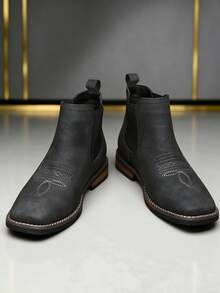 QRLQRL 1 Pair Men's New Retro Elastic PU Upper Rubber Sole Non-Slip Comfortable Casual Ankle Boots - Black - View 3