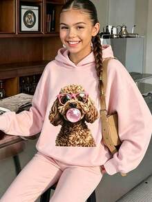 Tween Girl Cartoon Dog Print Sweatshirt, Loose Pullover Sweatshirt Top, Y2K Girls College Style Clothing, Autumn/Winter - Pink - View 7