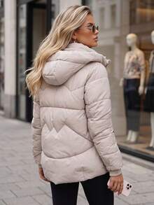 Women's Quilted Hooded Jacket With Zip Pockets, Ribbed Cuffs And Regular Fit - Beige - View 4